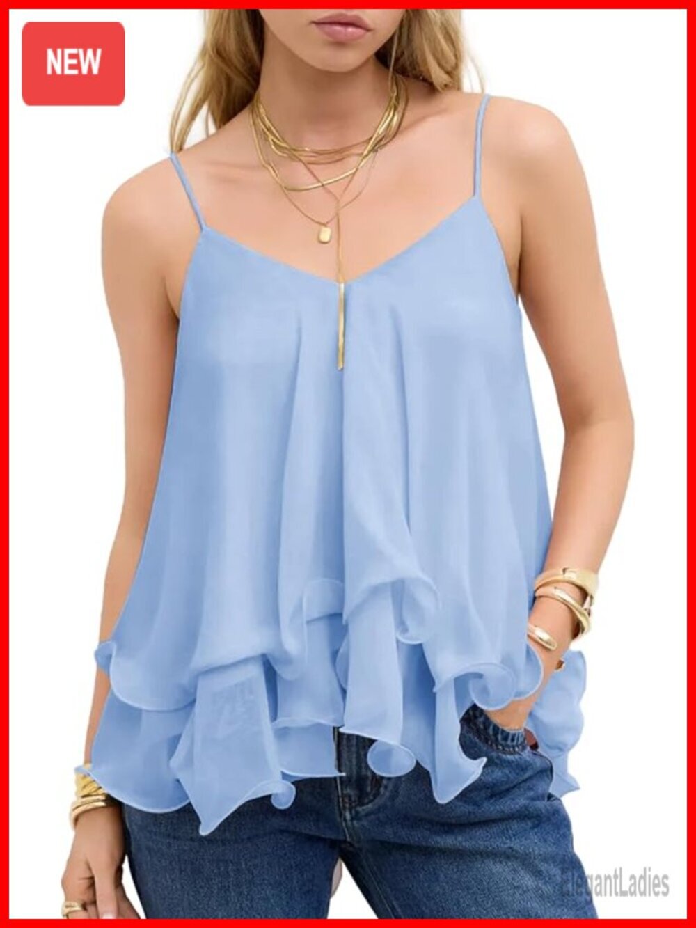 Flowy Ruffle Babydoll Tank Top Adjustable Spaghetti Strap Sleeveless Chiffon